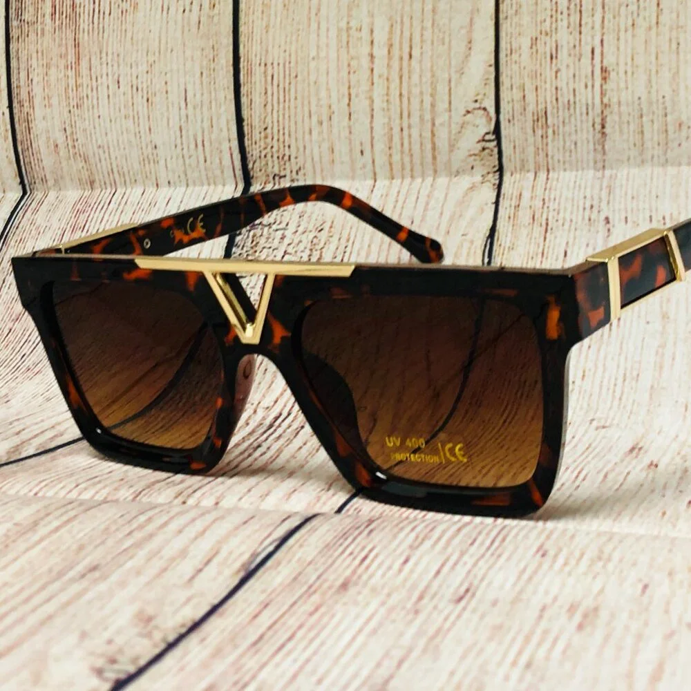 Men Women Sunglasses Brown Flat Lens‎ Square Shades Hip Hop Style Classic Retro